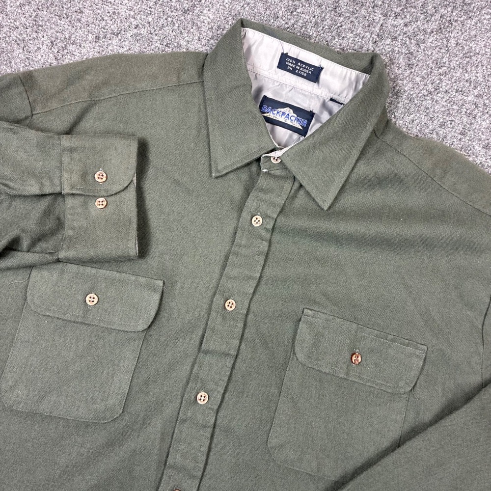 Vintage Backpacker Men Size XL Green Long Sleeve Button Down Flannel Shirt Korea